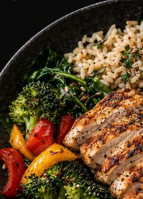 Un piatto bilanciato con riso, pollo e verdure